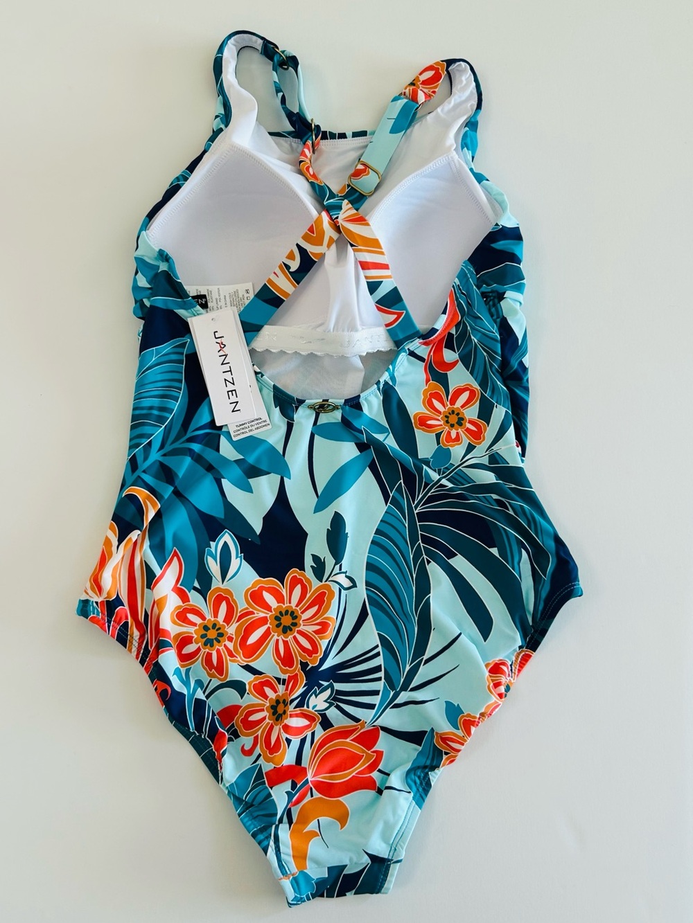 Jantzen NWT Layla Cross Back High Neck Floral Swimsuit 8 Print Aqua Green Peach - Picture 2 of 4